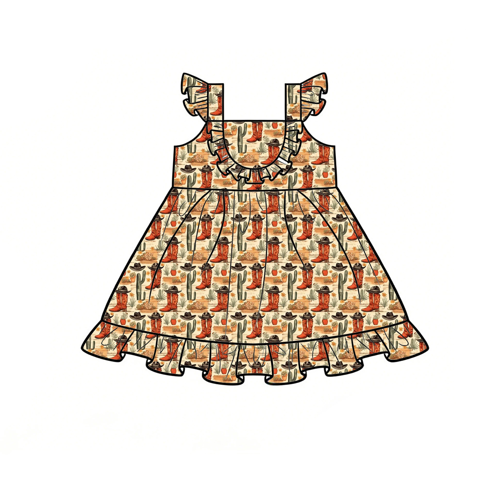 Boutique hot-style sling halter-neck ruffle dress animal western cowboy print custom wholesale available