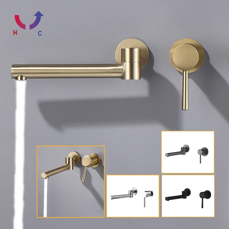

Wall Mount Bathroom Faucet - Modern Single Lever Handle Hot Cold Water Mixer Sink Tap with Swivel Spout for Wash Basin And Bath
