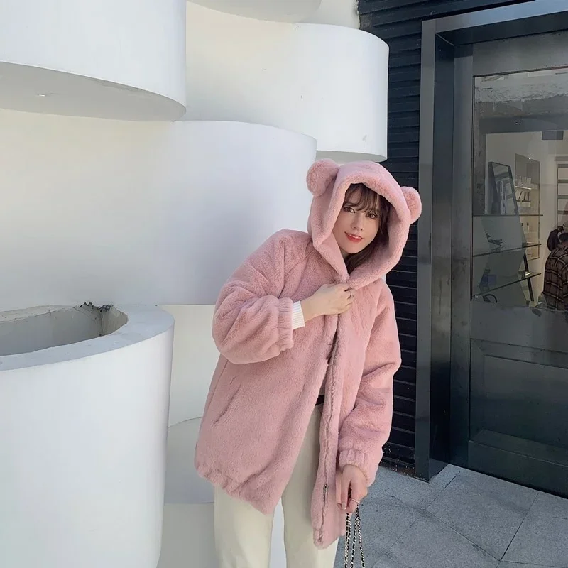 

Autumn Winter 2025 Women Hooded Faux Rabbit Fur Coat Loose Casual Mujer Chaqueta Drawstring Long Sleeve Soft Fake Fur Outwear