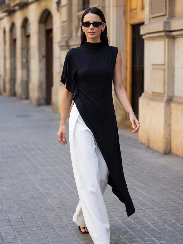 HH Women Asymmetrical Solid Chic Top High Neck Short Sleeves Extra Long Ruffle Elegant T-Shirt 2026 Lady Casual Beach Style Wear