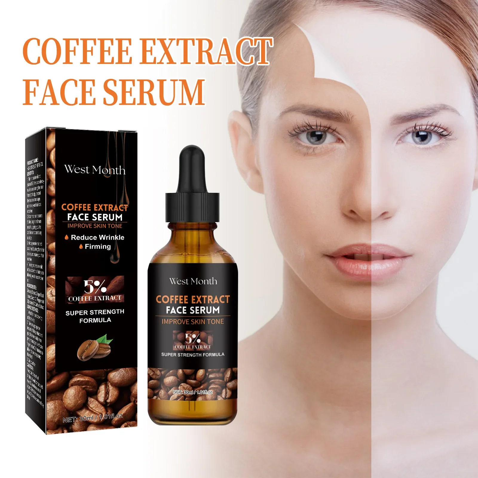 30ml West Month Caffine Facial Essence Fade Face Dark Freckle Delicate Pores Hydrating Moisturizing Whitening Essence Cosmetics