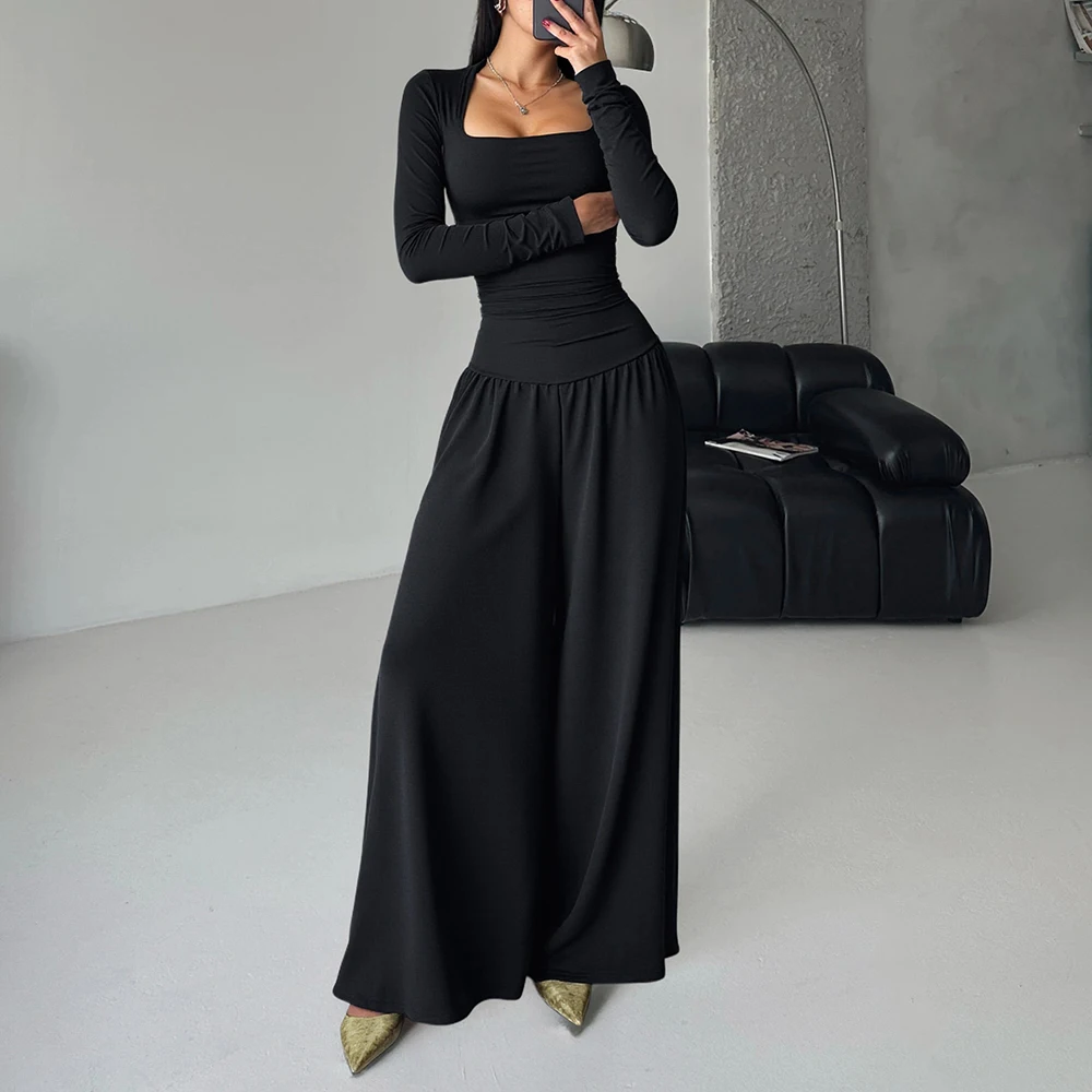 

MiaMuse Women's 2025 Summer Casual Jumpsuits Long Sleeve Square Neck Full Length High Waist Plain Daily Regular Fit Jumpsuits