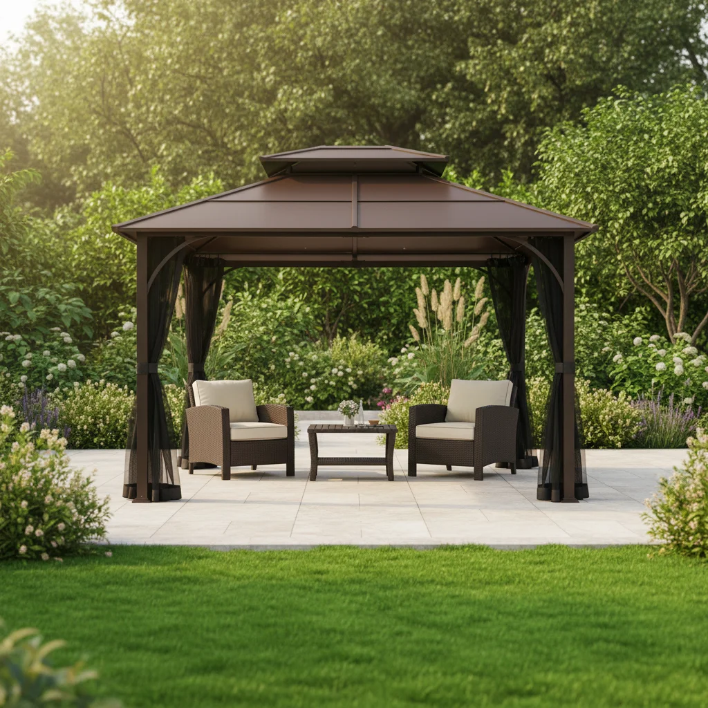 High Quality Double UV Protection Waterproof Layered Metal Pavilion Outdoor Hardtop Gazebo With Ceiling Hooks Mesh