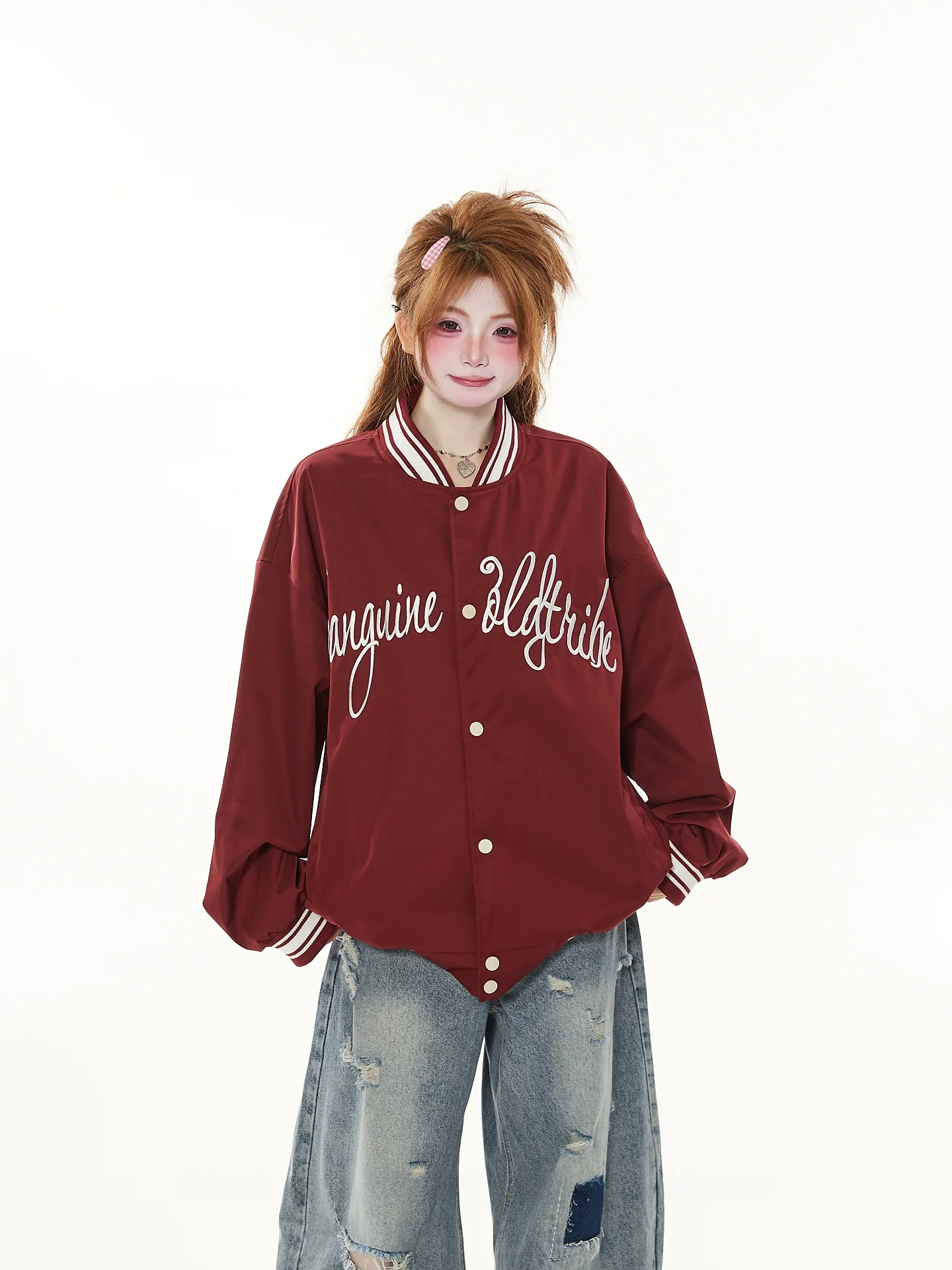 Casual Style Women's Pilot Jacket Loose Fit Baseball Stitching Red Outerwear Spring Autumn Trendy Brand Student Letter Jacket