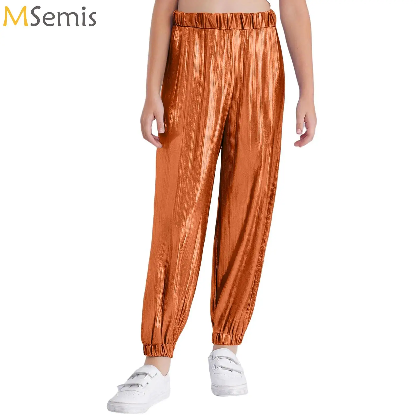 

Kids Boys Girls Metallic Ribbed Pants Elastic Waistband Shiny Trousers for Modern Hip Hop Street Dancewear Jazz Dance Costumes