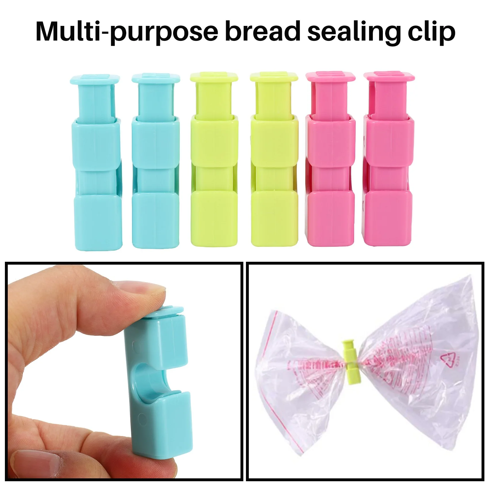 Squeeze Bread Bag Clips, Bag Cinches, Bagel Bag Clips, Slip Grip Easy Squeeze & Lock, Assorted Color, 6 Pack