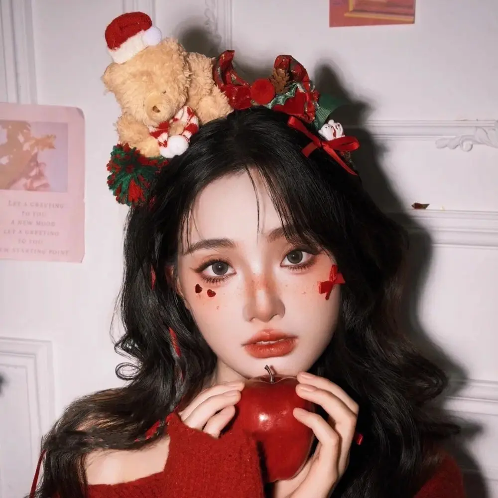 

Cute Sweet Christmas Plush Teddy Bear Headband With Red And Green Plaid Bow Cartoon Fluffy Plush Bear Hair Hoop Hair Accessories