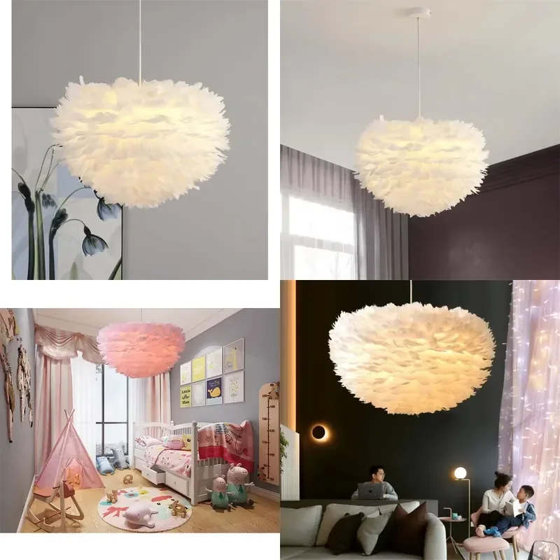 Romantic Feather Lamp E27 LED Bulb Chandelier Creative Pink White Feather Lamp Shade Wedding Home Bedroom Decoration