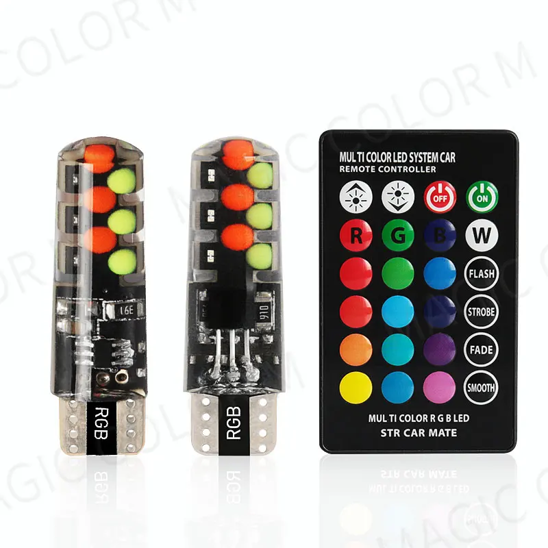 2Pcs T10 W5w RGB LED Bulb Remote Control COB Lamp Car Lighting Reading Light Automobiles Wedge Lamp With Remote Controller 12V