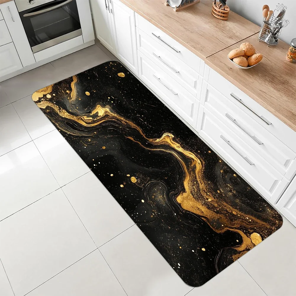 Black Gold Vein Marble Pattern Mat Living Room Bedroom Rug Kitchen Mat Home Rug Hallway Rug Non-Slip Ultra-Long Aisle Mat