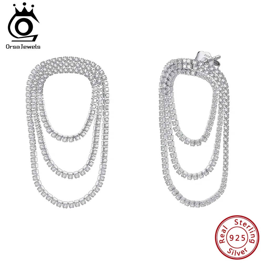 ORSA JEWELS Brilliant 925 Sterling Silver Layered Zirconia Drop Earrings Trendy Statement Shiny Dangle Earrings Jewelry SE413