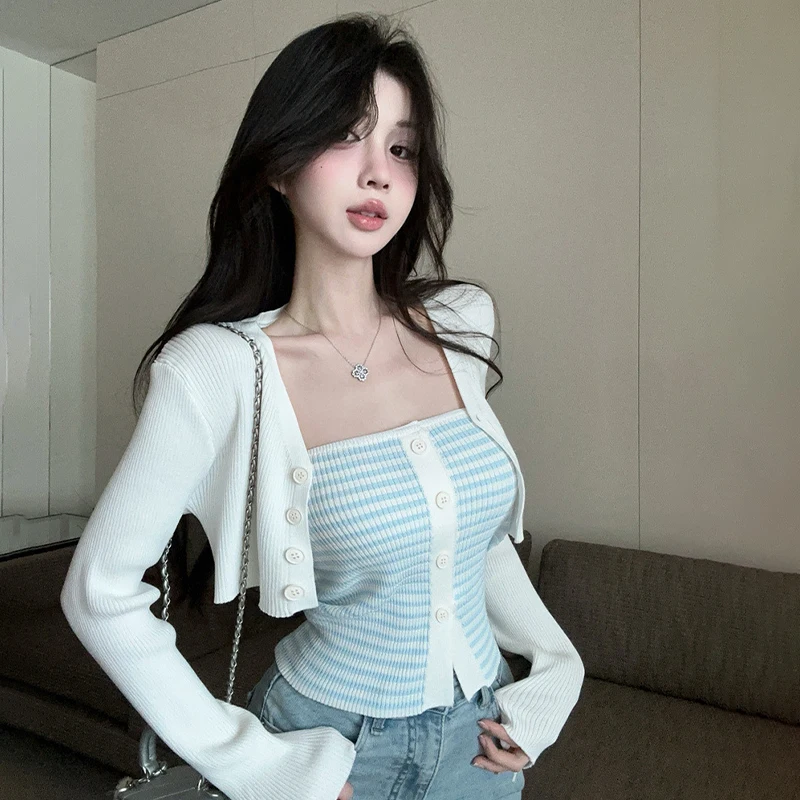 {MX} سترة نسائية كاجوال أنيقة مخططة بأزرار بدون أكمام، سترة قصيرة لطيفة وأكمام طويلة