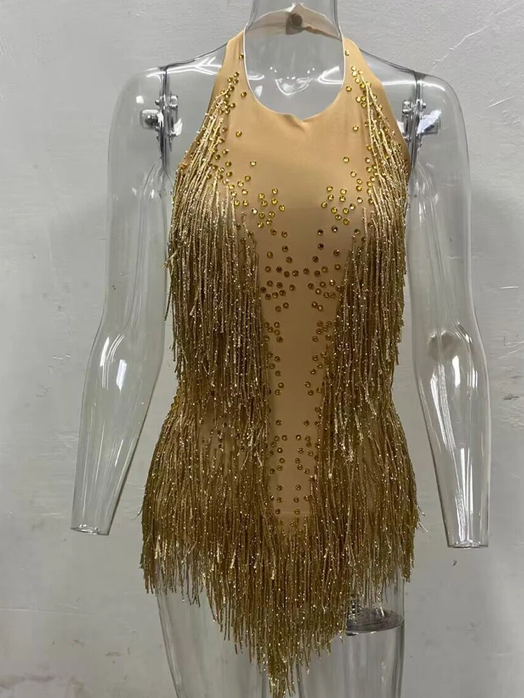 Sparkly Gold Tassel Rhinestones Glisten Beads Bodysuit Bar Dj Singer Dancer One-Piece Outfit Costume Stage Performance Leotard