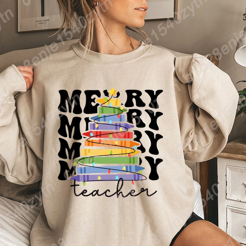 

Women Creative Tops Merry Teacher Christmas Crayon Print Pullovers Women Long Sleeve Round Neck Solid Color Hoodeless Sweatshirt