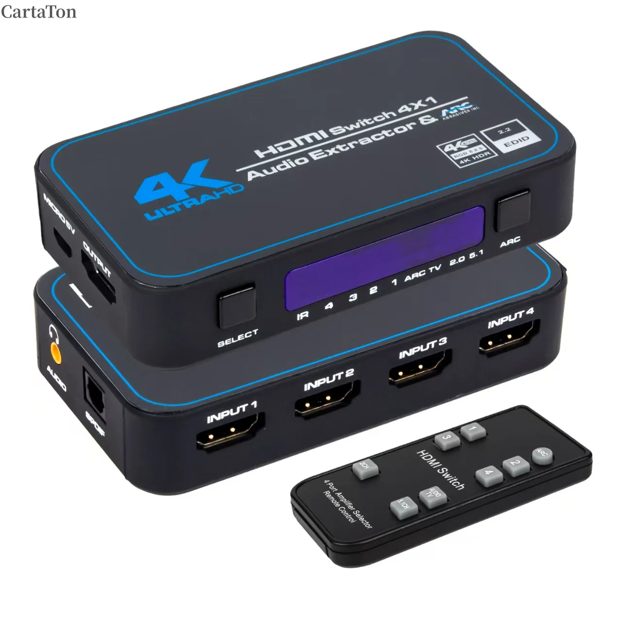 4K@60Hz 4 Ports HDMI 2.0b Switch HDMI2.0 Switcher Box 4 in 1 Out with Optical 3.5mm Audio Out Remote Audio Extractor ARC HDCP2.2