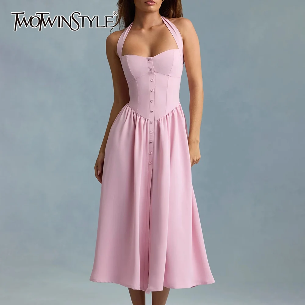 فستان TWOTWINSTYLE أبيض فرنسي أنيق هالتر للنساء برقبة على شكل قلب بدون أكمام وخصر عالٍ فساتين صيفية متوسطة الطول للسيدات #1