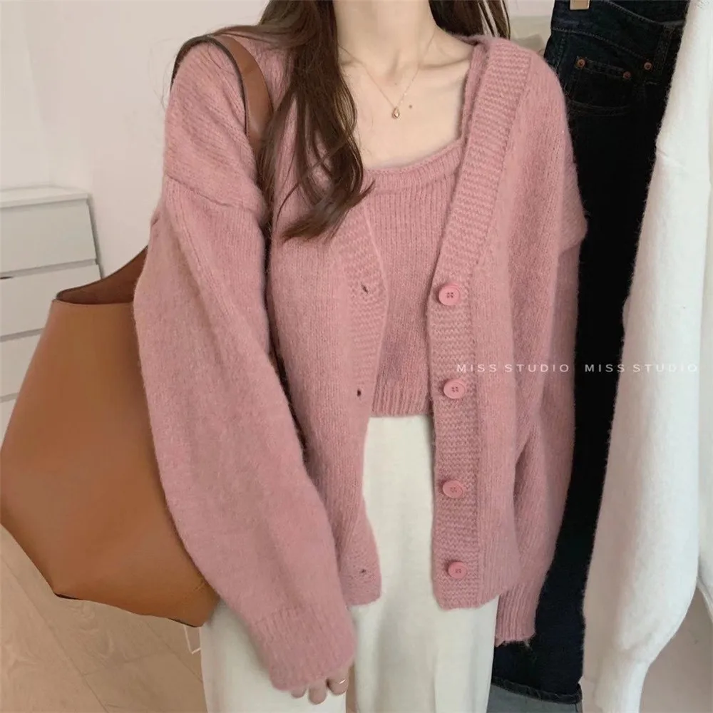 

Cardigan Women Short Knit Bottoming Camisole + Loose Cardigan Sweater Jacket Two-piece Suit Winter Fashion Thicken Sweater Top