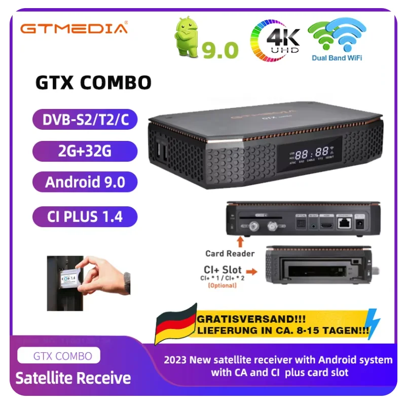 

GTMEDIA GTX COMBO 4K 8K UHD Android 9.0 Satellite Receiver,DVB-S2/T2/C 2G+32G,Support CA and CI Plus 1.4,CI+,SATA-HDD bracket