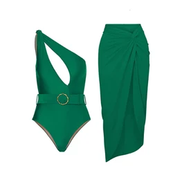 Solid Green Women Swimsuit One Piece Swimwear 2023 New One-shoulder Halter Swimming Suit Backless Bodysuit Summer Beachwear