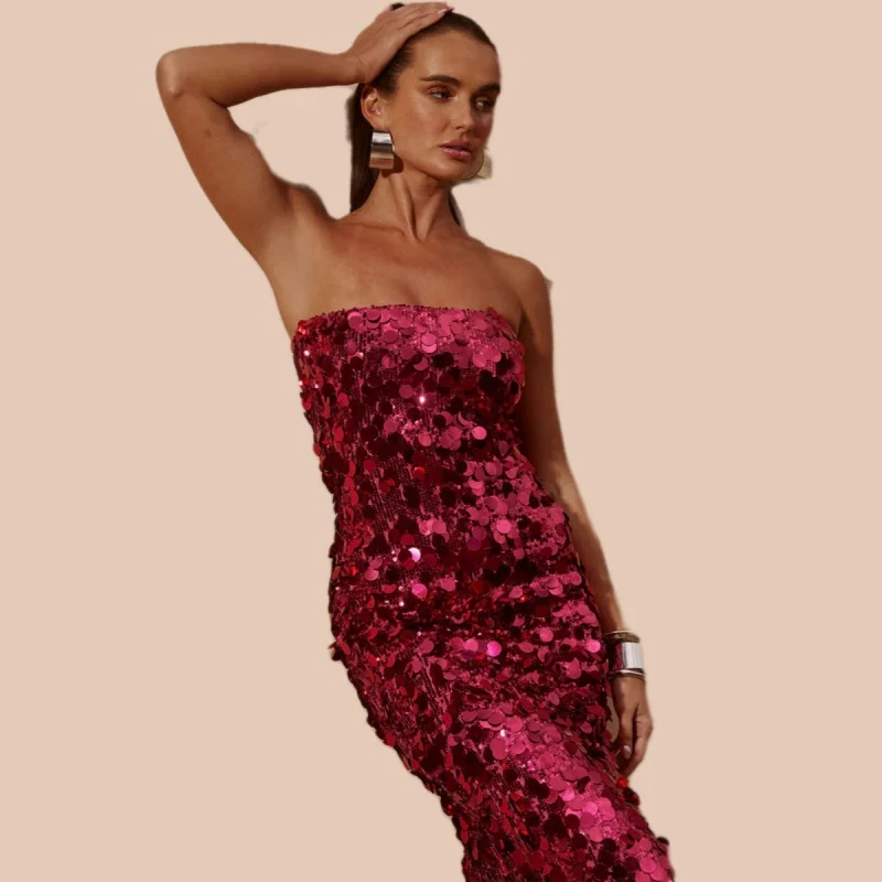

Spring New Fashion women's clothing bandeau one-shoulder advanced sequined split European and American style club dress