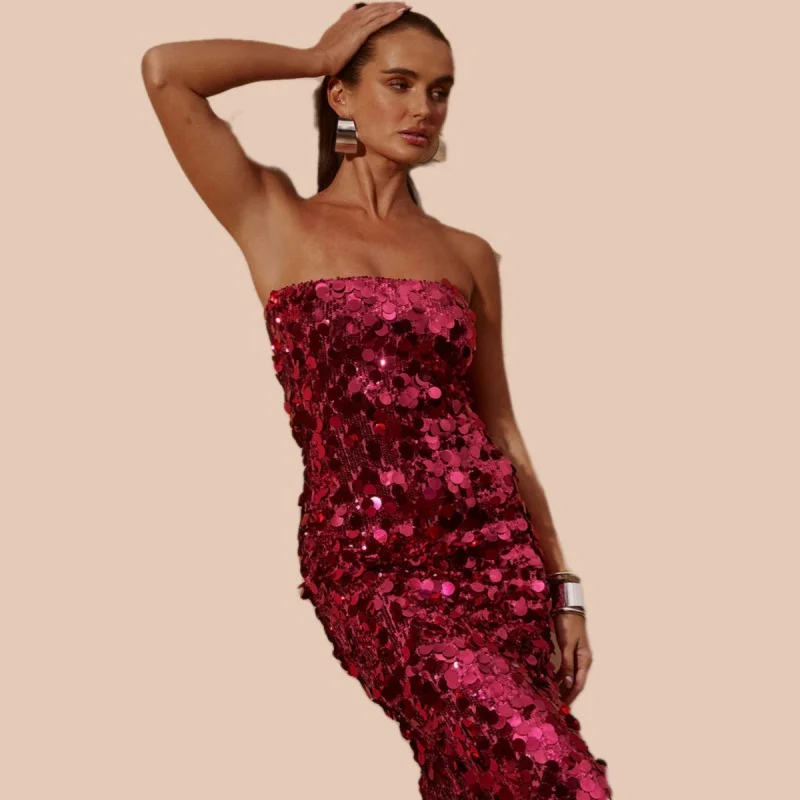 Spring New Fashion women's clothing bandeau one-shoulder advanced sequined split European and American style club dress