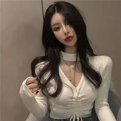 Chic and Sexy Long Sleeved T-shirt with Hanging Neck Women's Sexy French Design V-neck Drawstring Knit Bottom Top