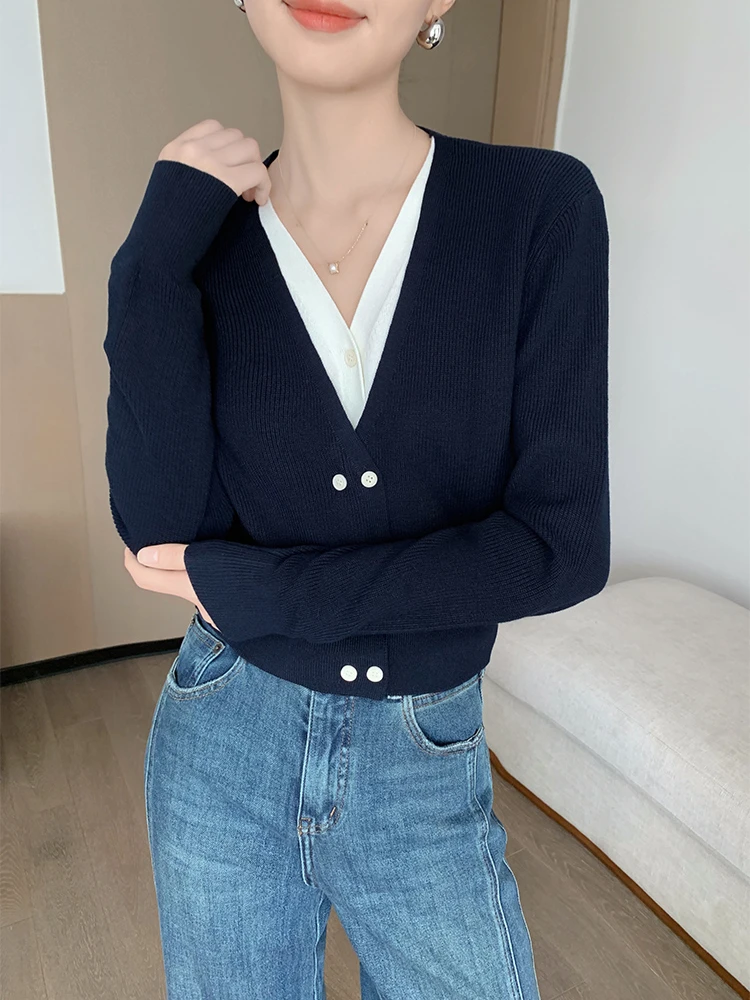 Navy Blue Fake 2-Pieces Color Block V-neck Knitted Cardigan Long-sleeved Double-breasted Sweater Jacket Autumn Women Outerwear