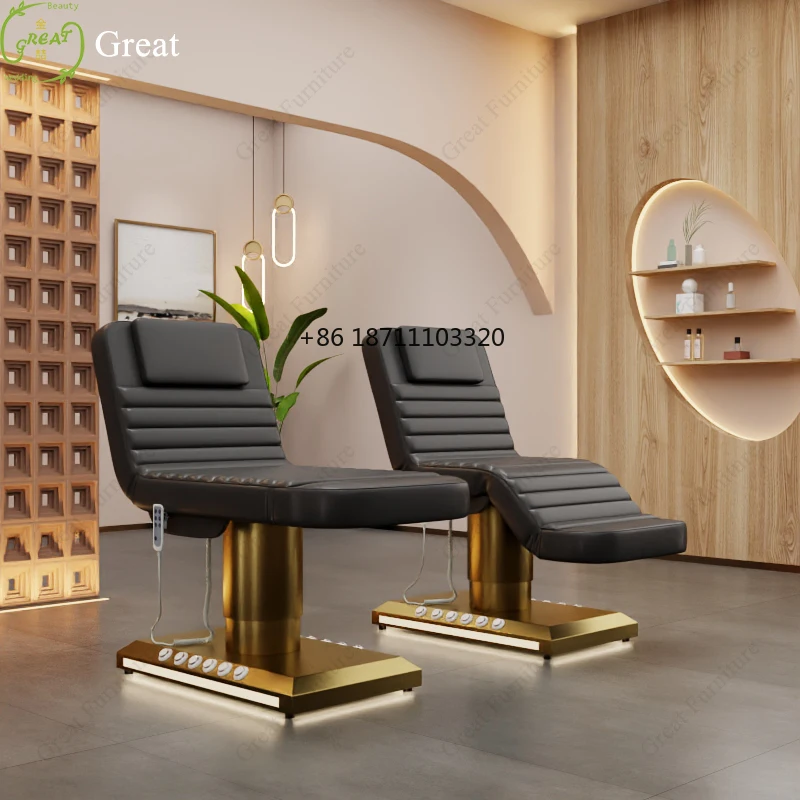 

High end luxury gold facial cos－metic bed black electric foot cont－rol facial and massage bed for beauty salon