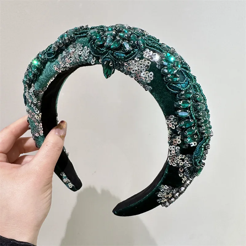 Green Rhinestone Headband Bling Sparkly Crystal Diamond Hairband Fashion Padded Head Band for Girls Women Hair Accessory