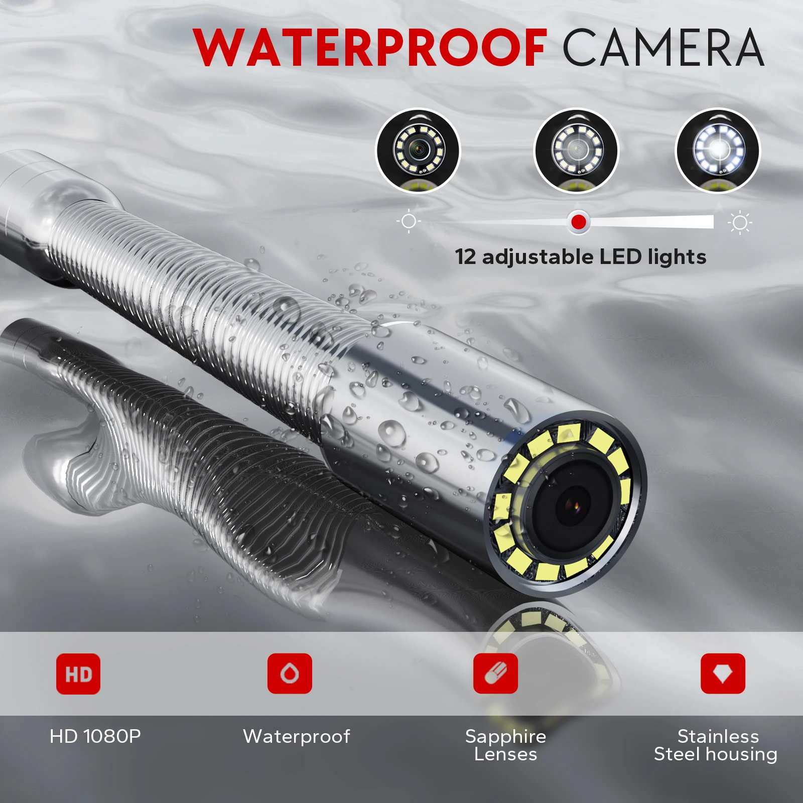 7 Inch Drain Pipe Sewer Inspection Camera with 23mm Probe 5X Zoom, IP68 Waterproof Endoscope Camera with 12 LEDS 100ft Cables
