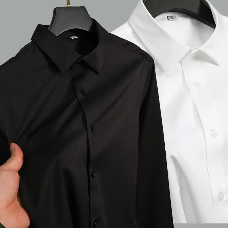 LIBIELIY S-6xlSummer Shirt, Men's White Glossy Non Ironing Shirt, Men's Wrinkle Resistant Ice Silk Casual High-end Seamless Busi