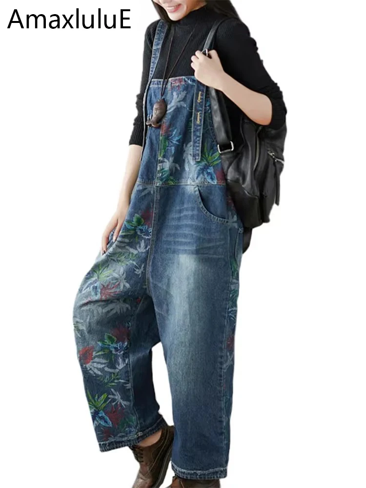 

Amax luluE 2024, осенние корейские модные джинсы, женские винтажные свободные комбинезоны, женские повседневные джинсовые брюки с принтом, классические брюки с цветочным принтом