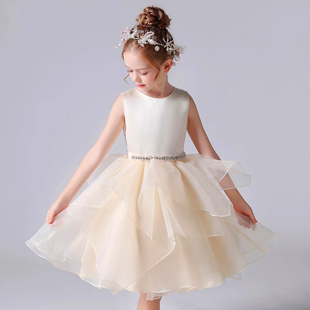 Elegant Champagne Flower Girl Dress Sleeveless Tulle Lace Layered Princess Ball First Communion Kids Birthday Present Gowns