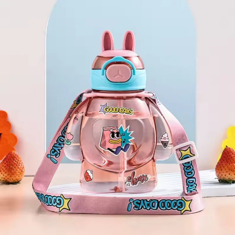 650ml ドーパミンキッズストローウォーターカップ漫画学生カップかわいいスポーツカッププラスチック製水筒ストラップ付き携帯用