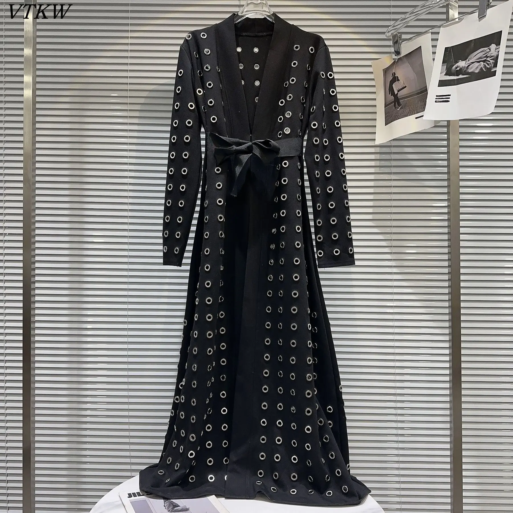 

VTKW Women’s 2025 New Belted Trench Coat Cut-out & Patchwork Long Sleeve Vintage Elegant Streetwear Party Autumn Winter