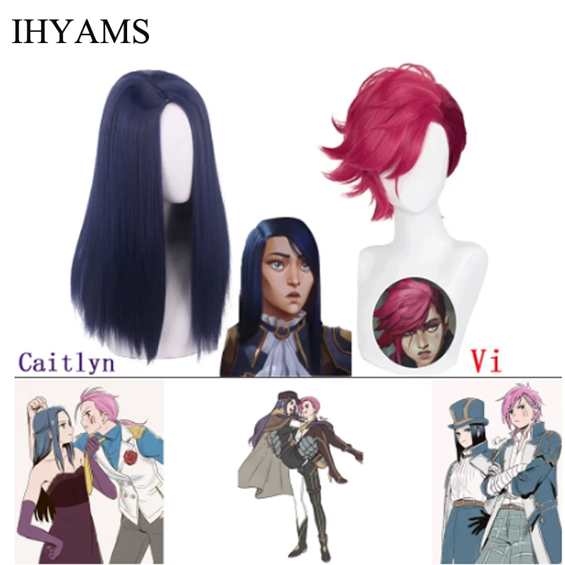 

Arcane Caitlyn Dark Blue Long Straight Wig Vi Red Short Wig Cosplay Costume Heat Resistant Synthetic Hair Carnival Party Wigs