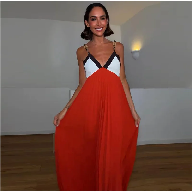 Kettenmuster-Maxikleid mit Spaghettiträgern, Farbblock-Design, V-Ausschnitt, A-Linie, Locker Geschnittenes Langes Kleid für Gäste und Partys, Sommermode 2026, Elegantes Abendkleid – Detail 10
