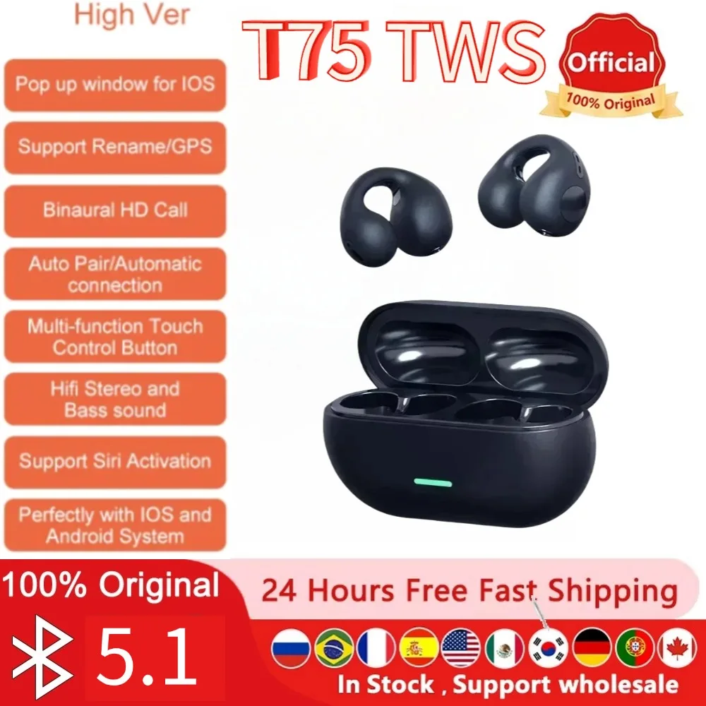 NEW 5.3 Bone Conduction Wireless Bluetooth Headphones T75 Clip Ear Music Noise Canceling Headset HD Call Sports Gaming Earphones