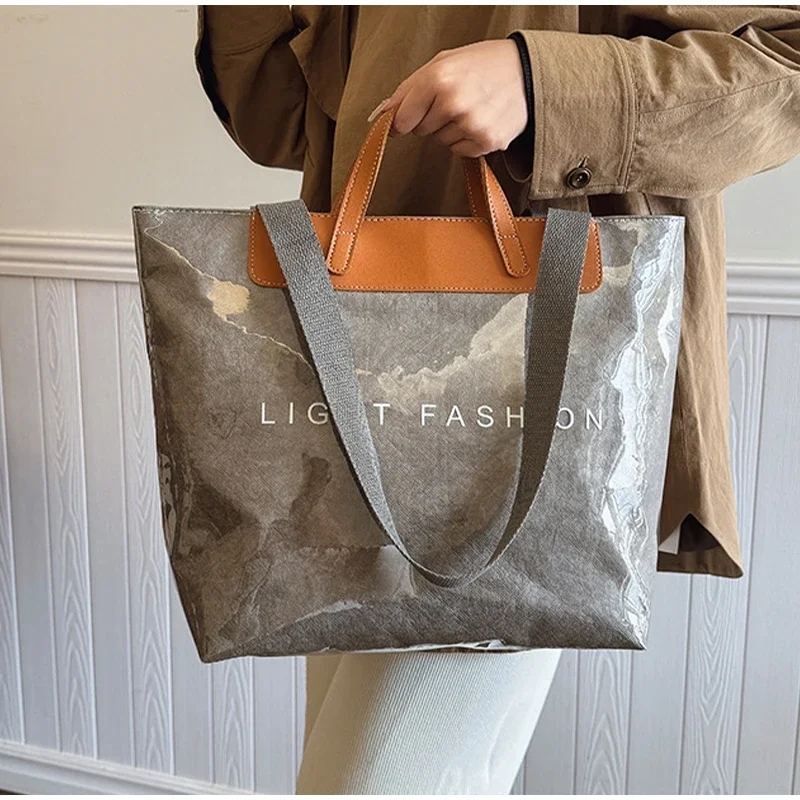 Klare Tragetasche aus PVC-Kraftpapier mit Farbkontrast, luxuriöse Vintage-Hobo-Umhängetasche, wasserdichte Shopper-Handtasche mit Buchstaben oben – Detail 15