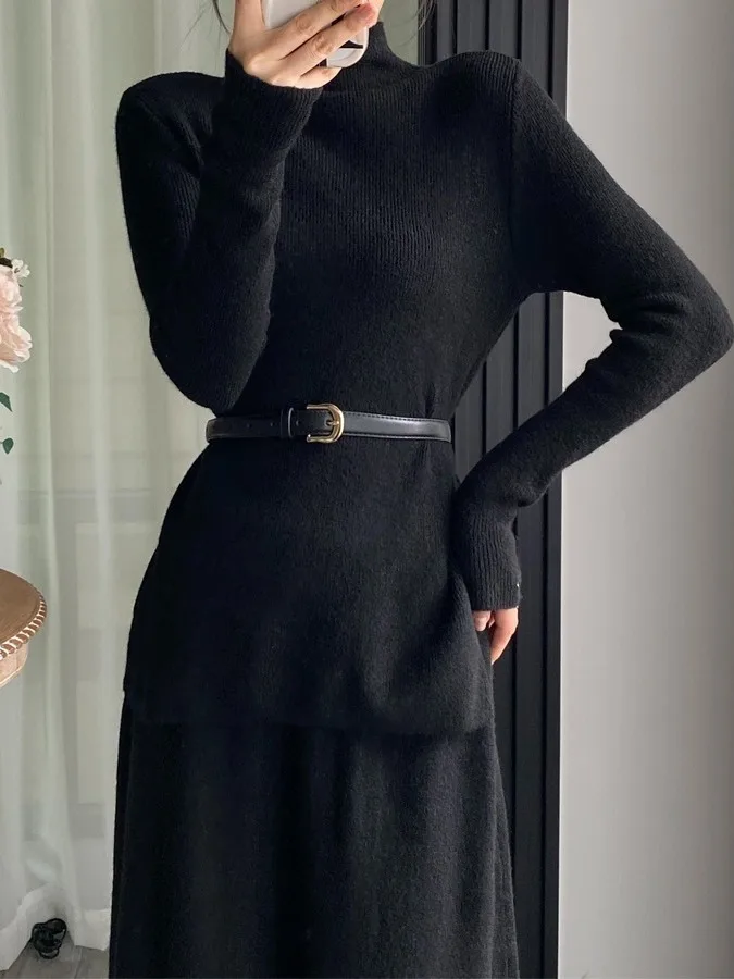 

Облегающий вязаный свитер и юбка-миди с поясом для женщин с высоким воротником, трикотаж из двух предметов, повседневный Ele Sle