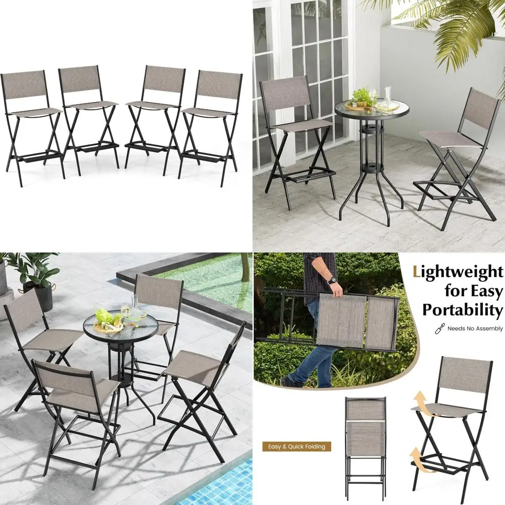 folding metal patio bar stool set of 4 with footrest for balcony, garden, outdoor use