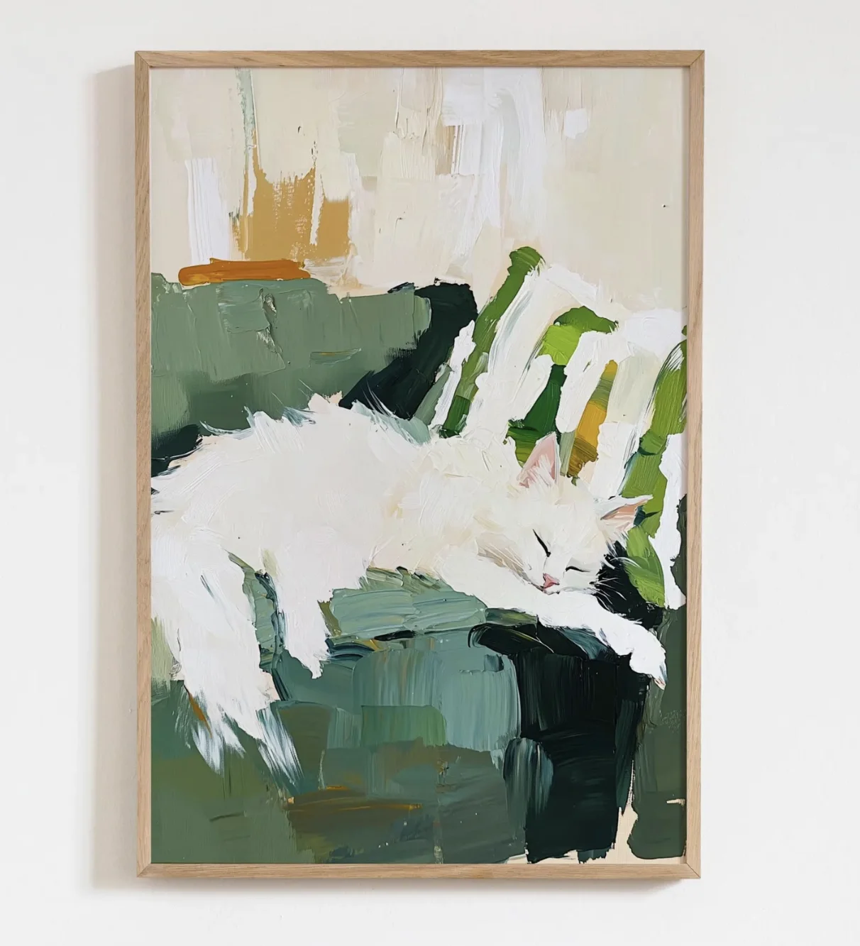 (No frame)Abstract Sleeping White Cat Canvas Wall Art Poster, Minimal Green Couch Pet Prints Decor for Bedroom Living Room Fa