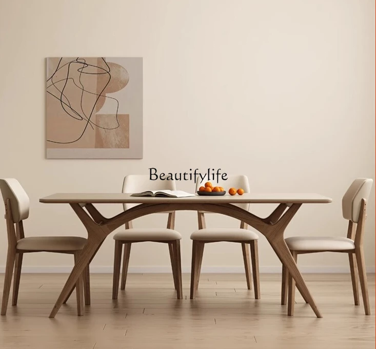 Household Stone Plate Dining Table Small Apartment Modern Simple and Light Luxury Walnut Color