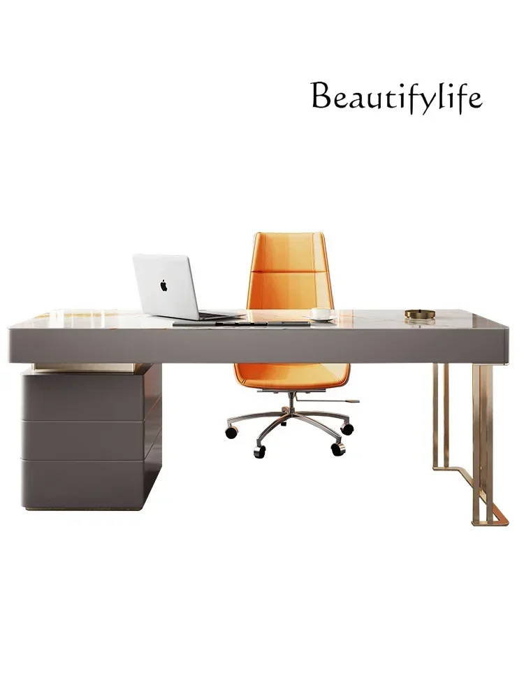 

Light luxury rock slab desk and chair simple stainless steel desk study home computer desk
