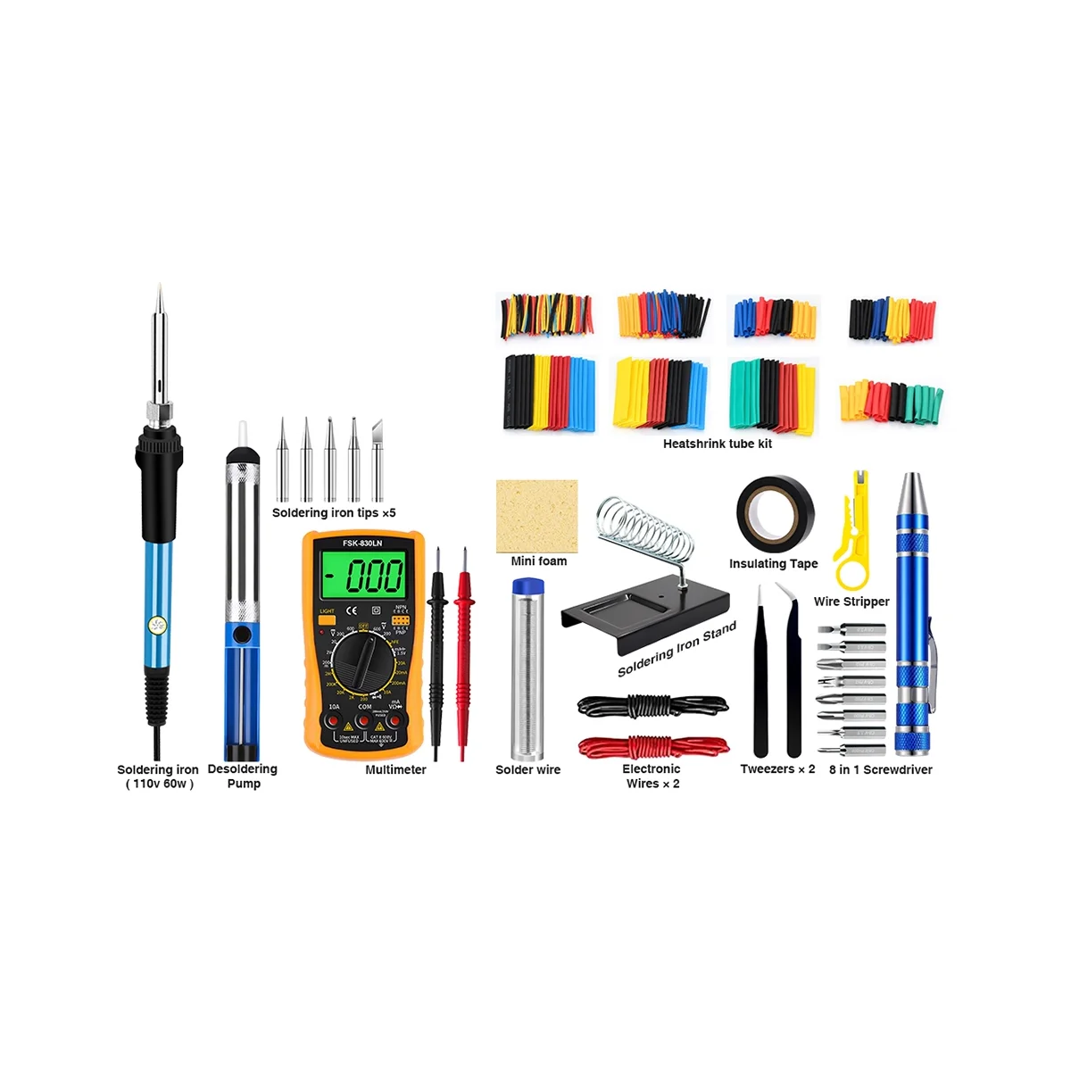 Soldering Iron Kit, 60W/110V Adjustable Temperature Soldering Iron with Digital Multimeter Stand Soldering Tips US Plug