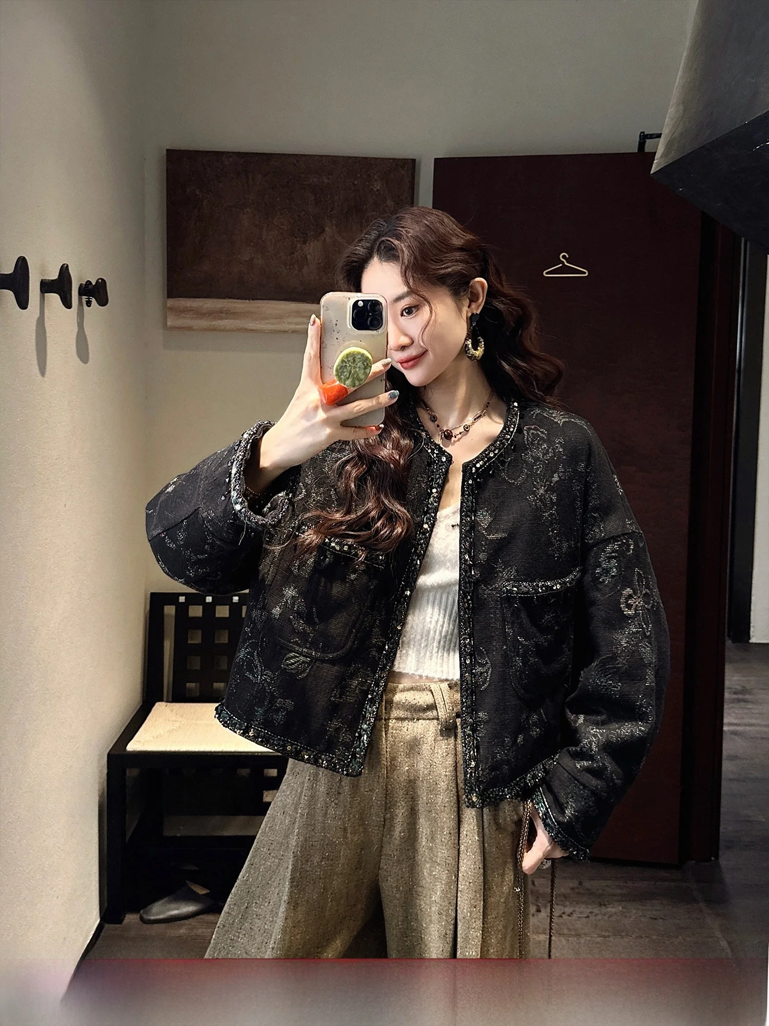 

Sanji Bla Flower Handmade Crochet Yarn Denim down Jaet New Chinese Sle Women's Coat Warm Cotton Long Sve