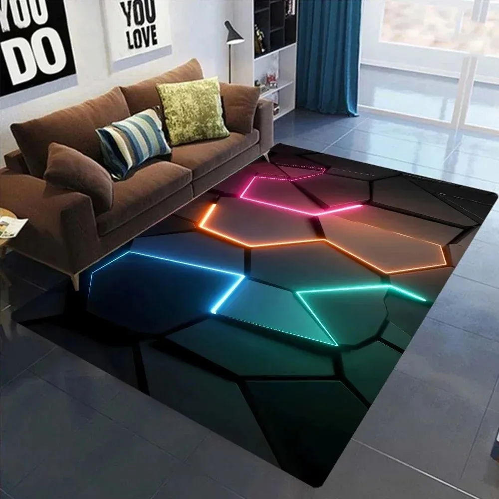Black Base Blue Neon Hexagon Area Rug, Cool Futuristic Honeycomb Grid Pattern Carpet for Living Room Bedroom Game Room Decor