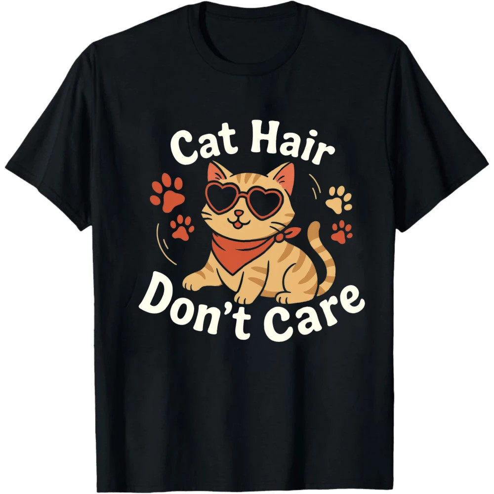 Cat Hair Don't Care Graphic T Shirt Men Cute Orange Cat Heart Sunglasses Paw Print Cat Lover Funny Slogan Casual Gift Top