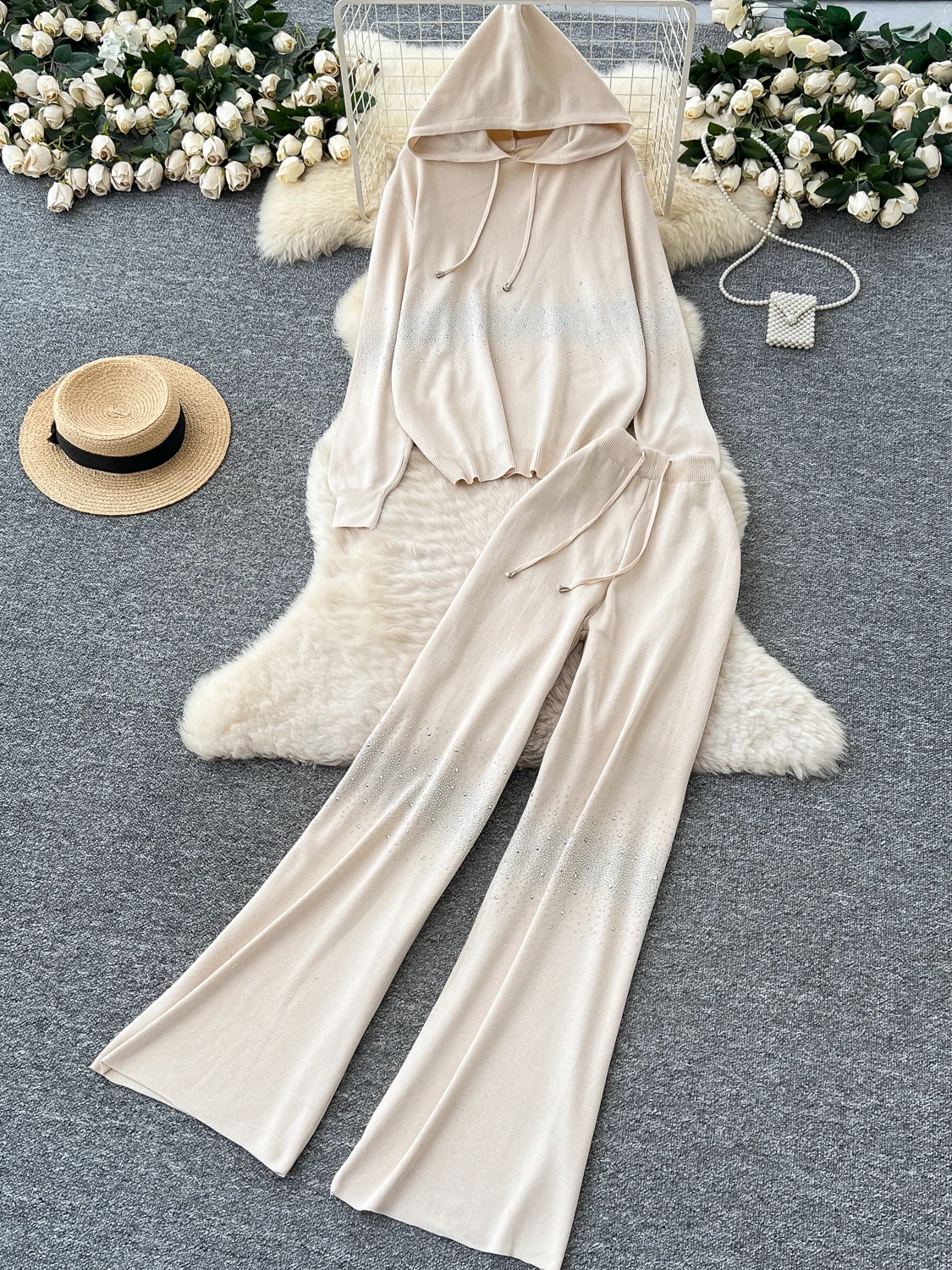 

Ladies' Lazy Sle Knitted Sweater Set with Glitter Loose Fit Hoodie And Wide Leg Pants Autumn Winter Faion Casual Outfit