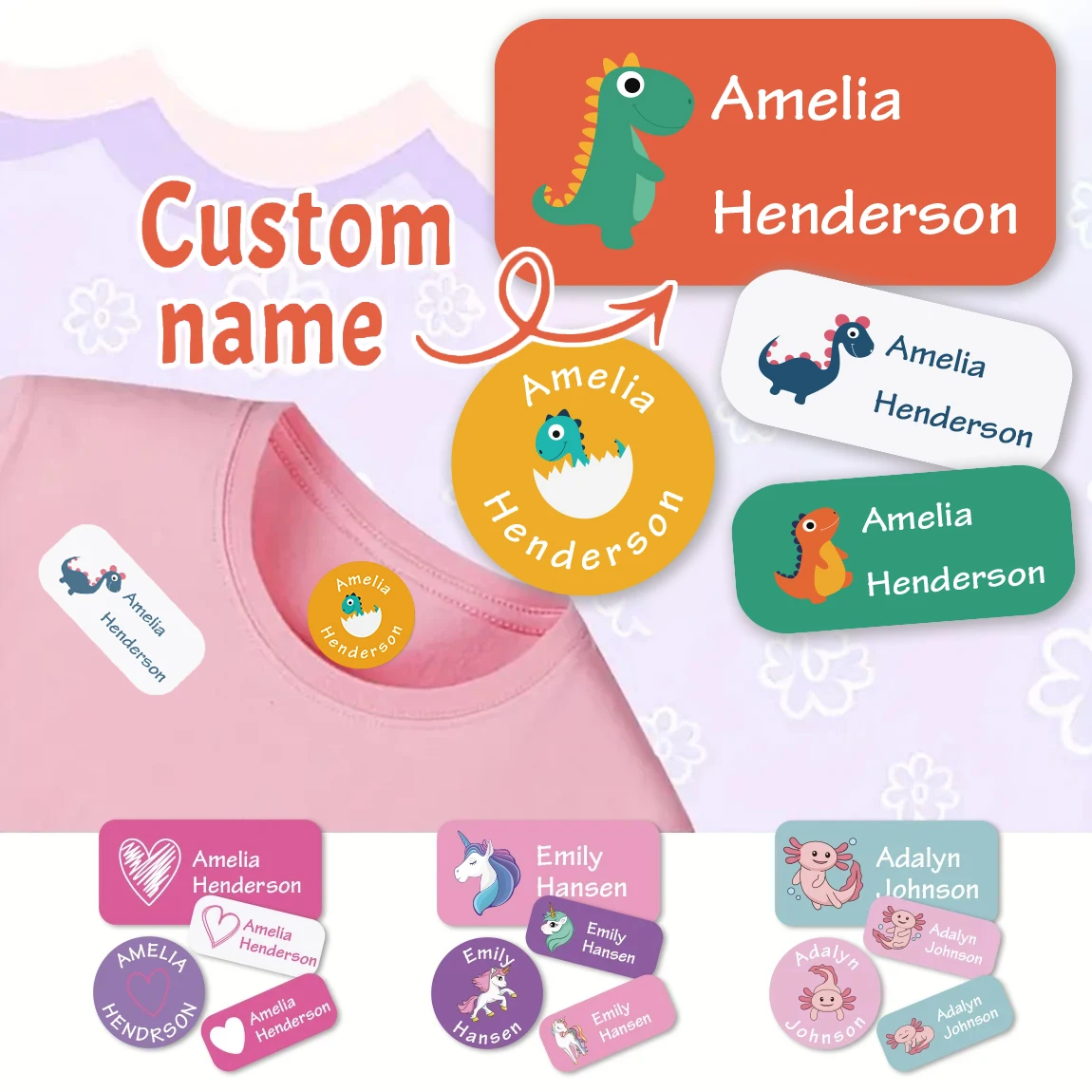 Etichette con nome personalizzato 140 pezzi 2 fogli adesivi personalizzati per vestiti, scatole per il pranzo, bottiglie, materiale scolastico per bambini, campeggio, asilo nido